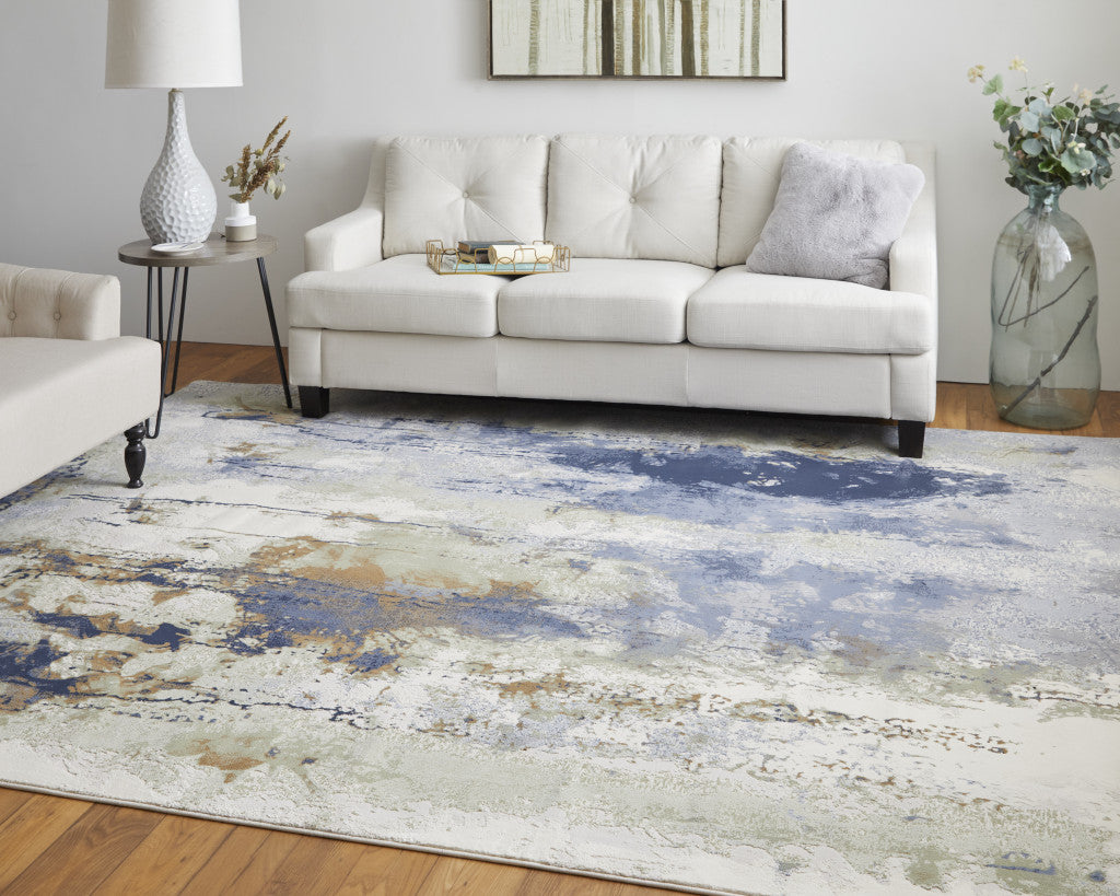 8' X 10' Blue Orange And Ivory Abstract Power Loom Area Rug