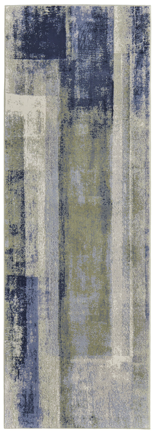 8' Blue Green And Ivory Abstract Power Loom Distressed Runner Rug