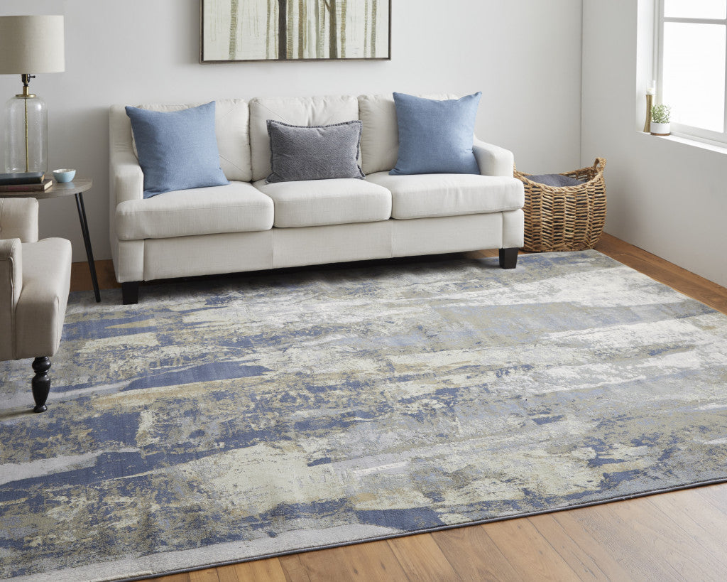 9' X 12' Blue Gray And Tan Abstract Power Loom Distressed Area Rug