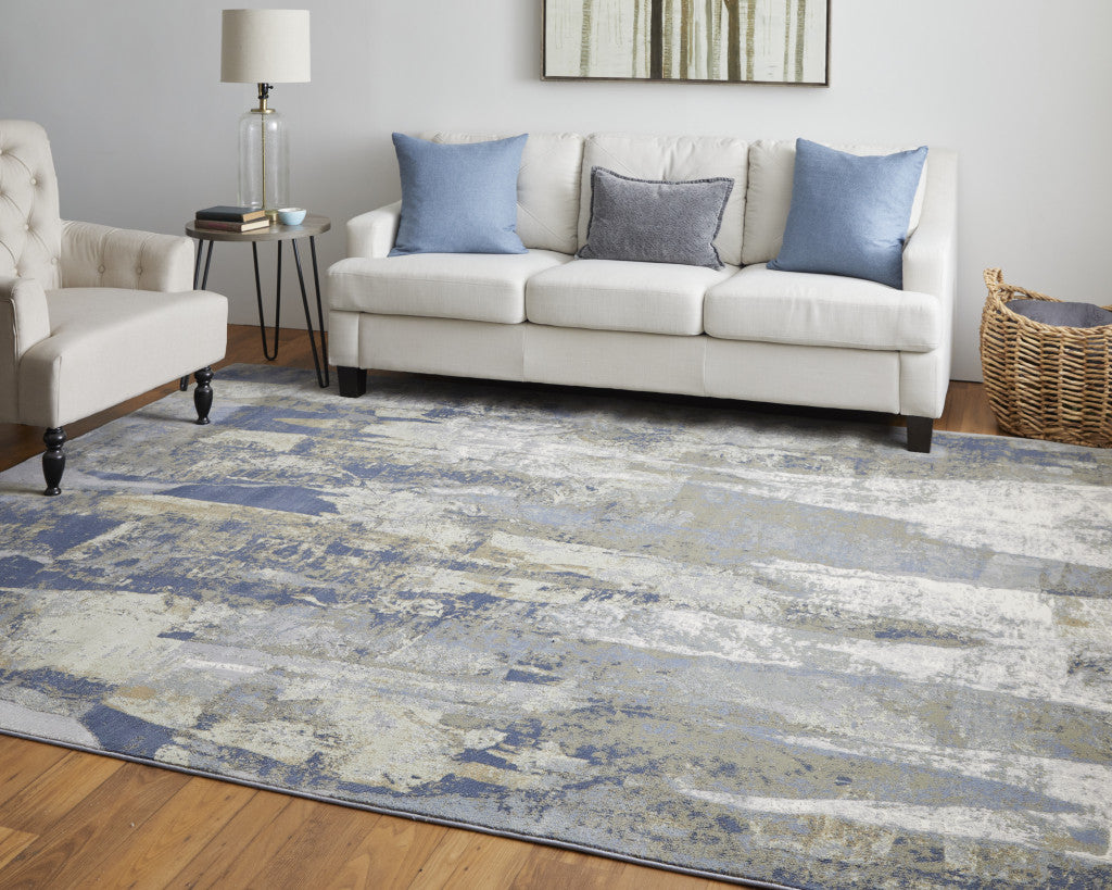 9' X 12' Blue Gray And Tan Abstract Power Loom Distressed Area Rug