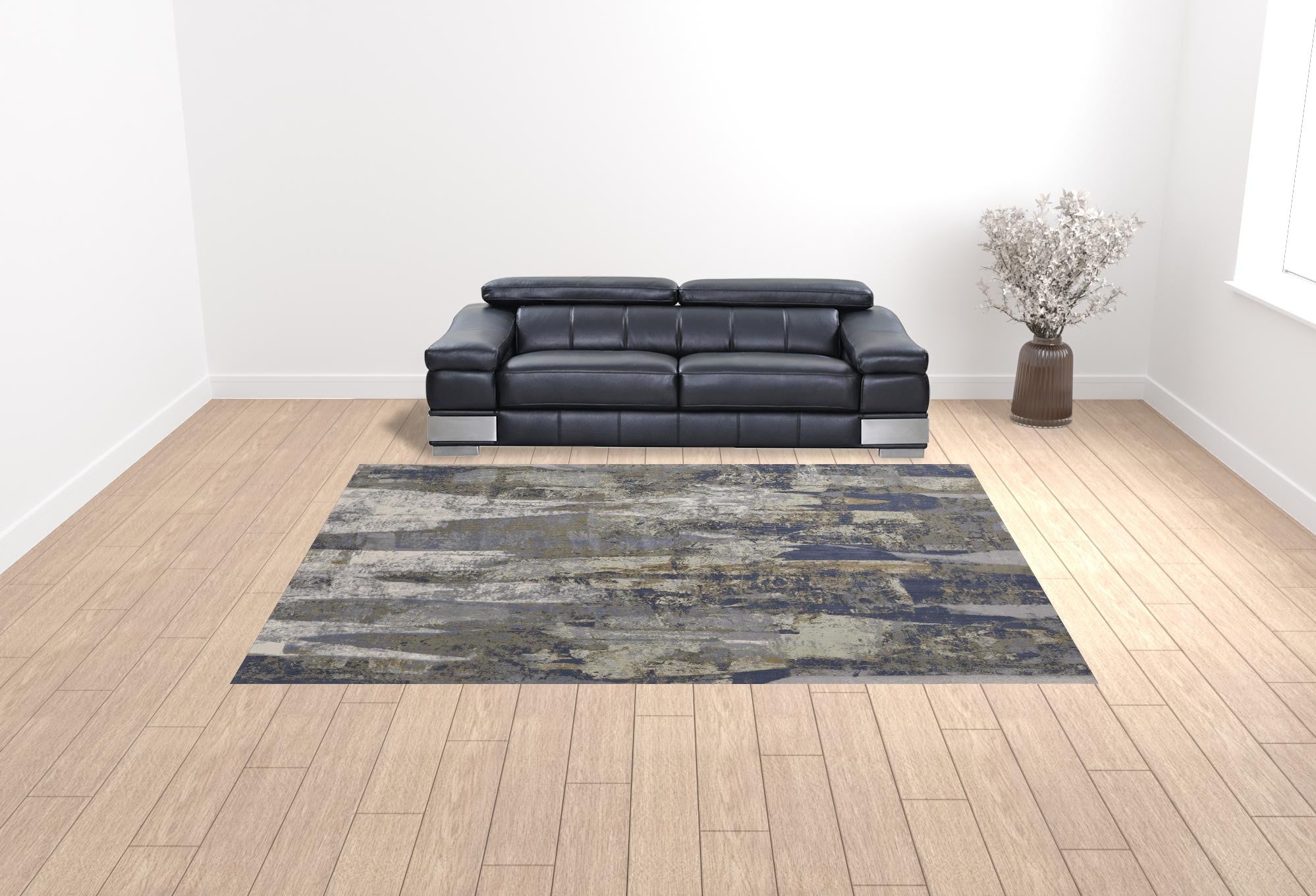 10' X 13' Blue Gray And Tan Abstract Power Loom Distressed Area Rug