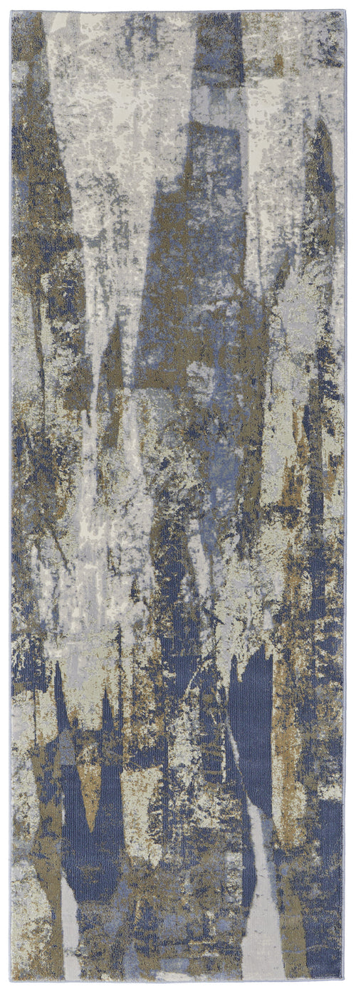 8' Blue Gray And Tan Abstract Power Loom Distressed Runner Rug