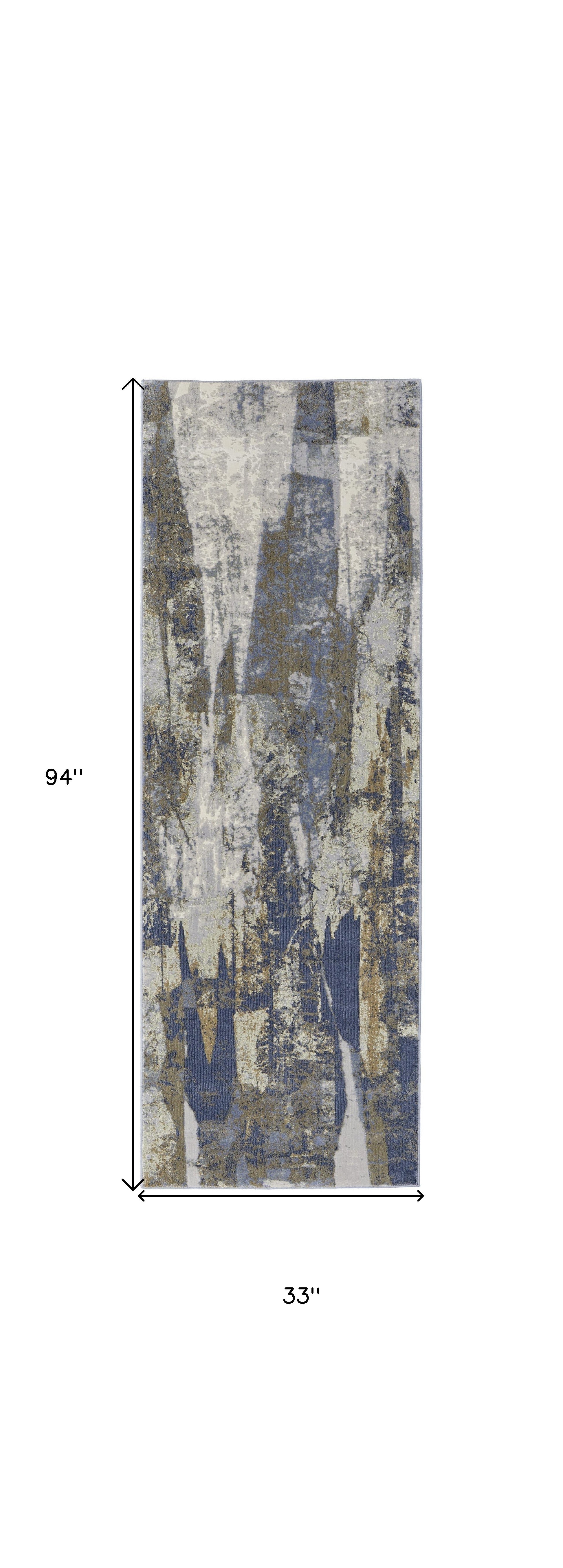 8' Blue Gray And Tan Abstract Power Loom Distressed Runner Rug