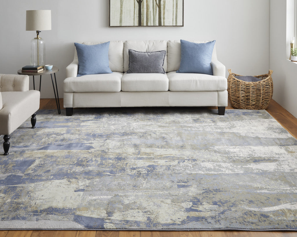 12' X 15' Blue Gray And Tan Abstract Power Loom Distressed Area Rug