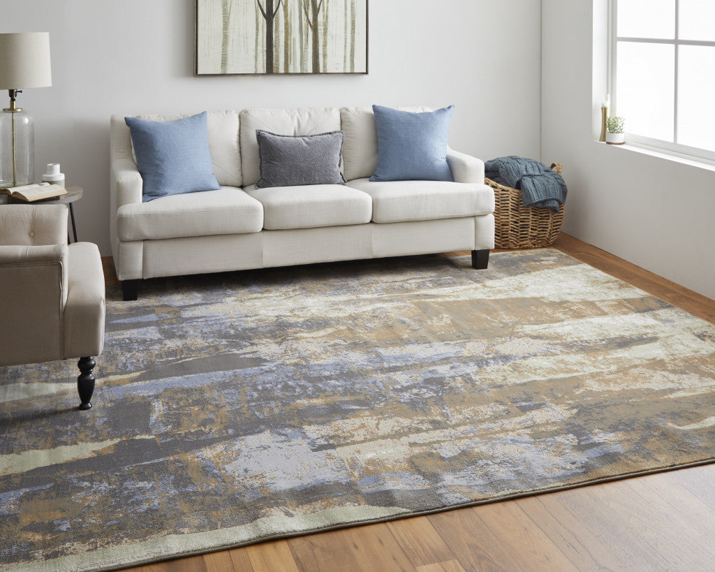 4' X 6' Brown Blue And Ivory Abstract Power Loom Distressed Area Rug