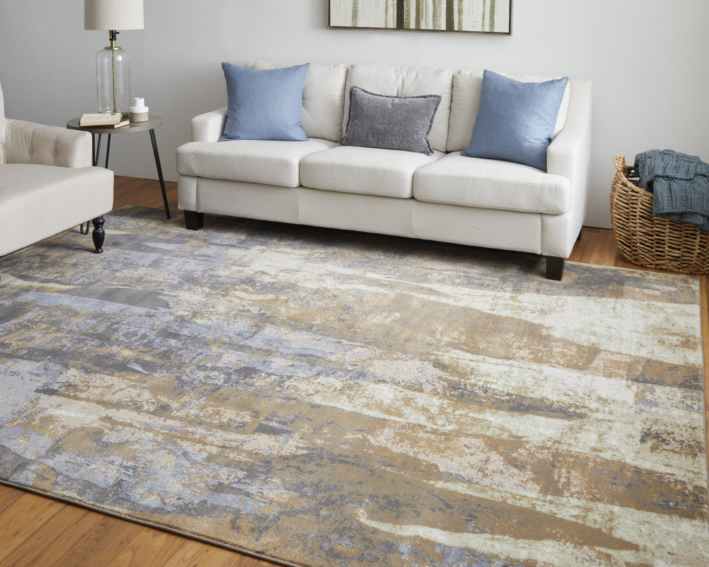 5' X 8' Brown Blue And Ivory Abstract Power Loom Distressed Area Rug