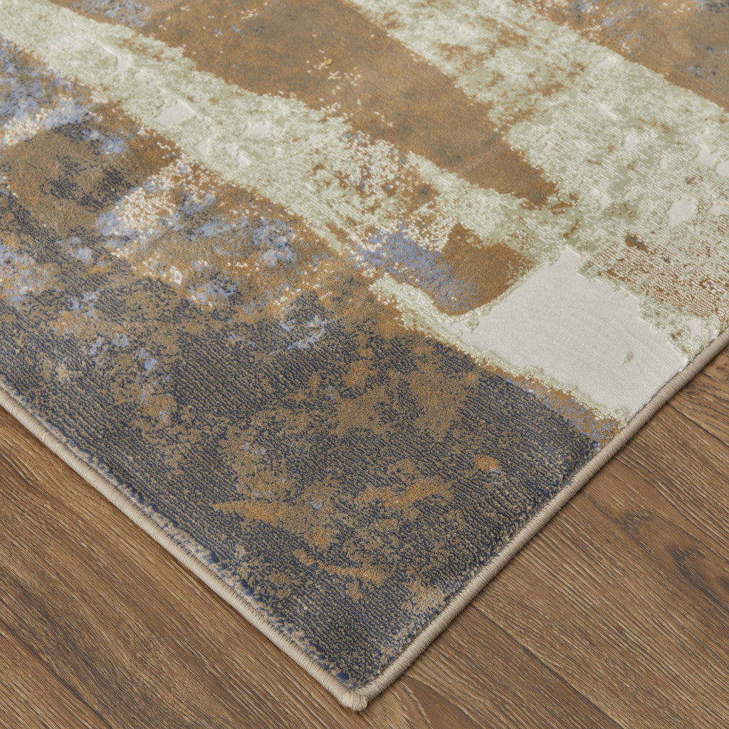 5' X 8' Brown Blue And Ivory Abstract Power Loom Distressed Area Rug