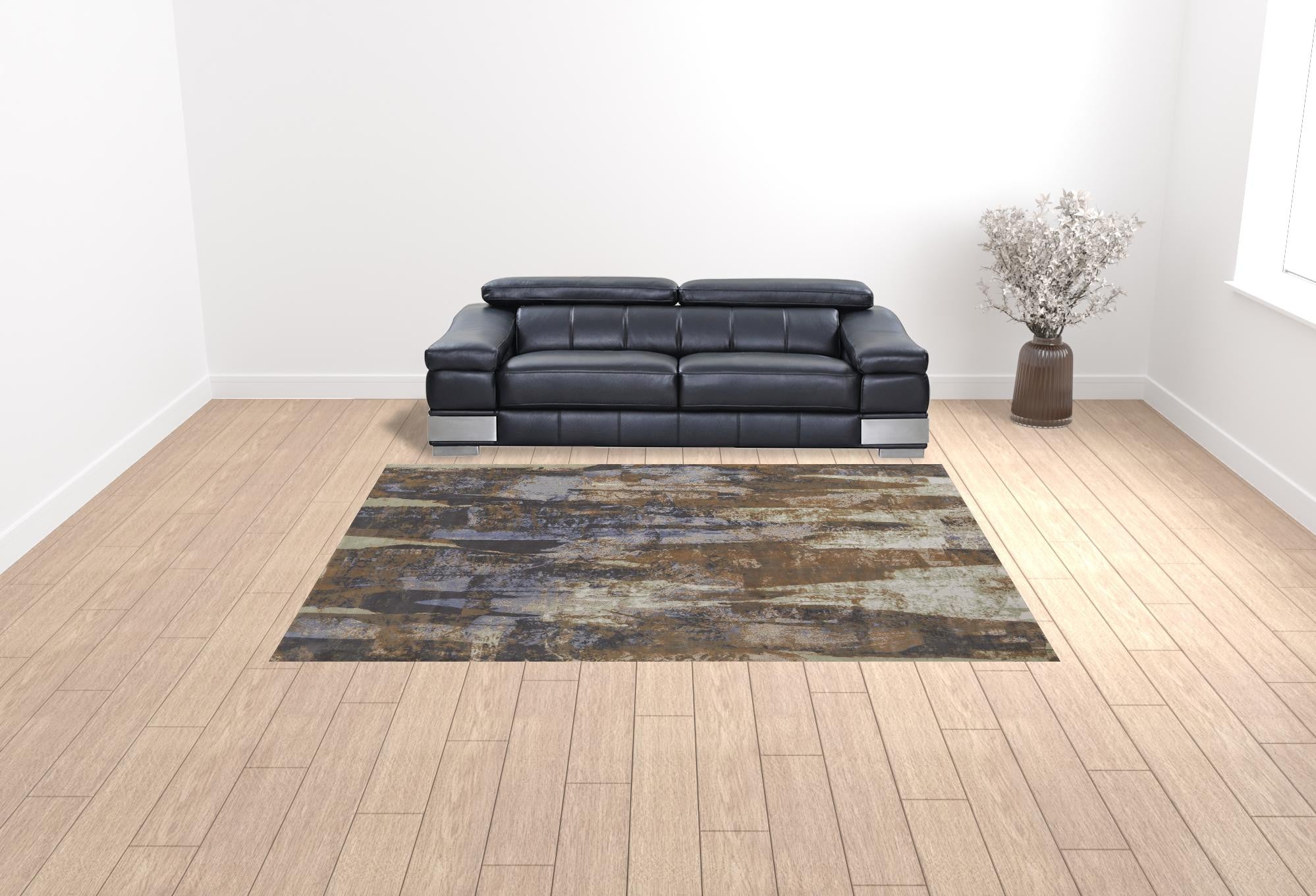 9' X 12' Brown Blue And Ivory Abstract Power Loom Distressed Area Rug