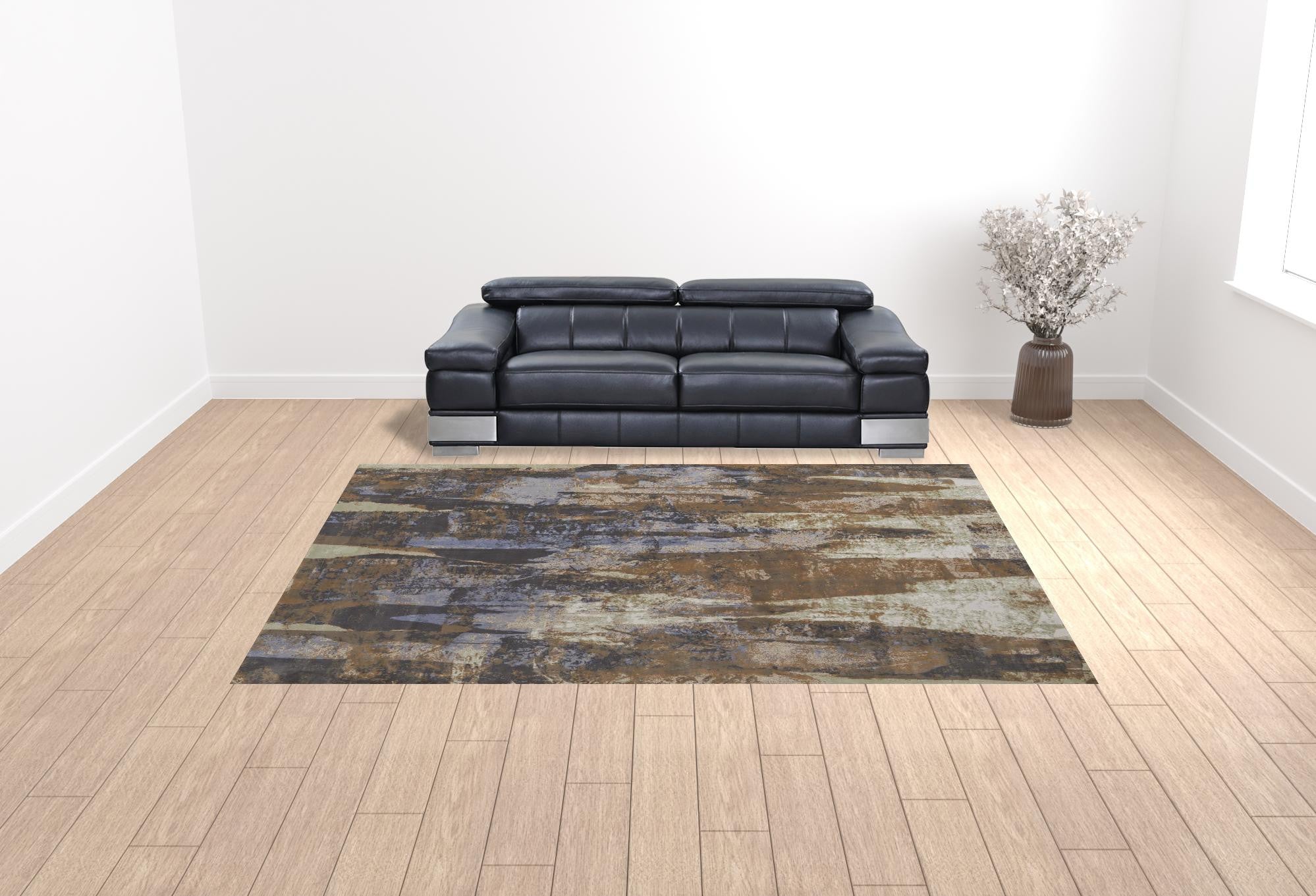 10' X 13' Brown Blue And Ivory Abstract Power Loom Distressed Area Rug