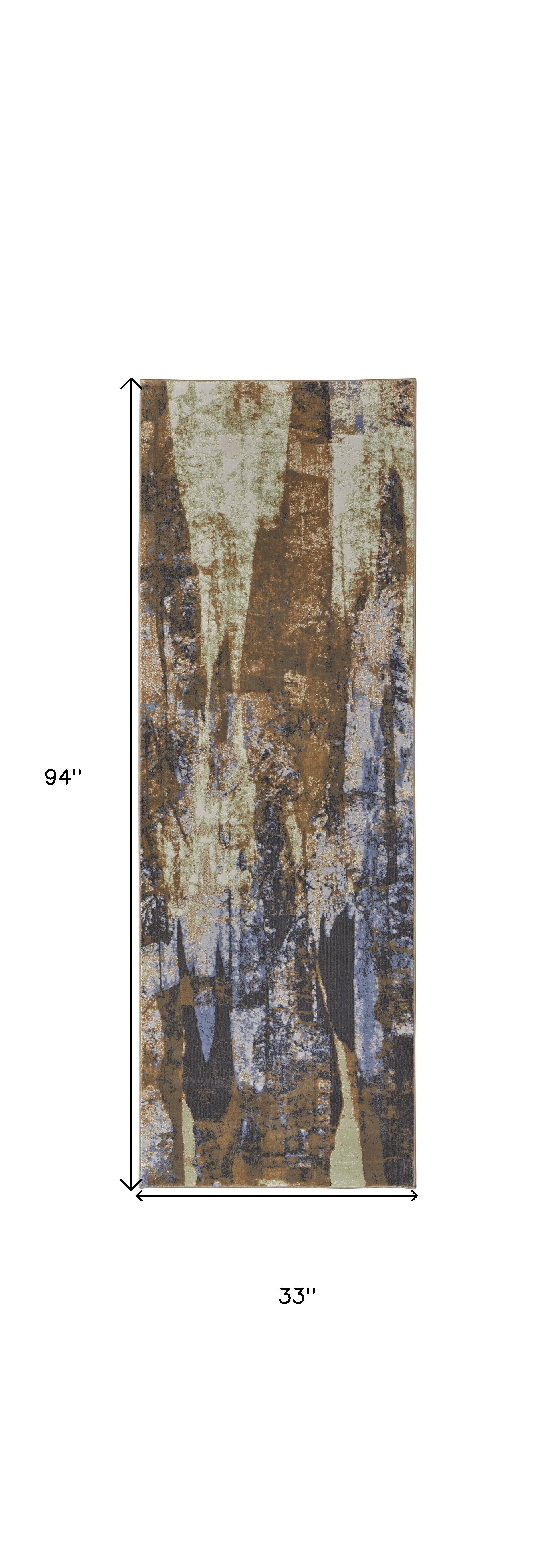 8' Brown Blue And Ivory Abstract Power Loom Distressed Runner Rug