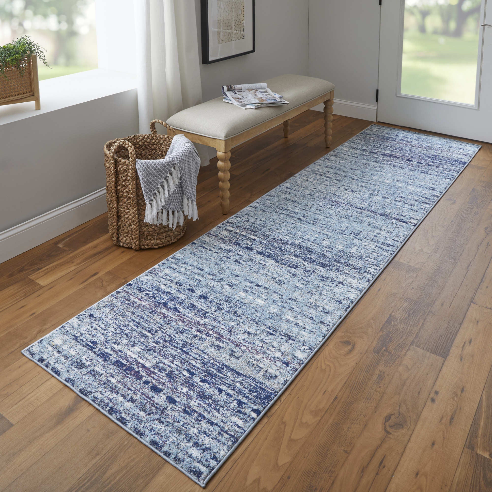 8' Blue and Ivory Abstract Power Loom Runner Rug