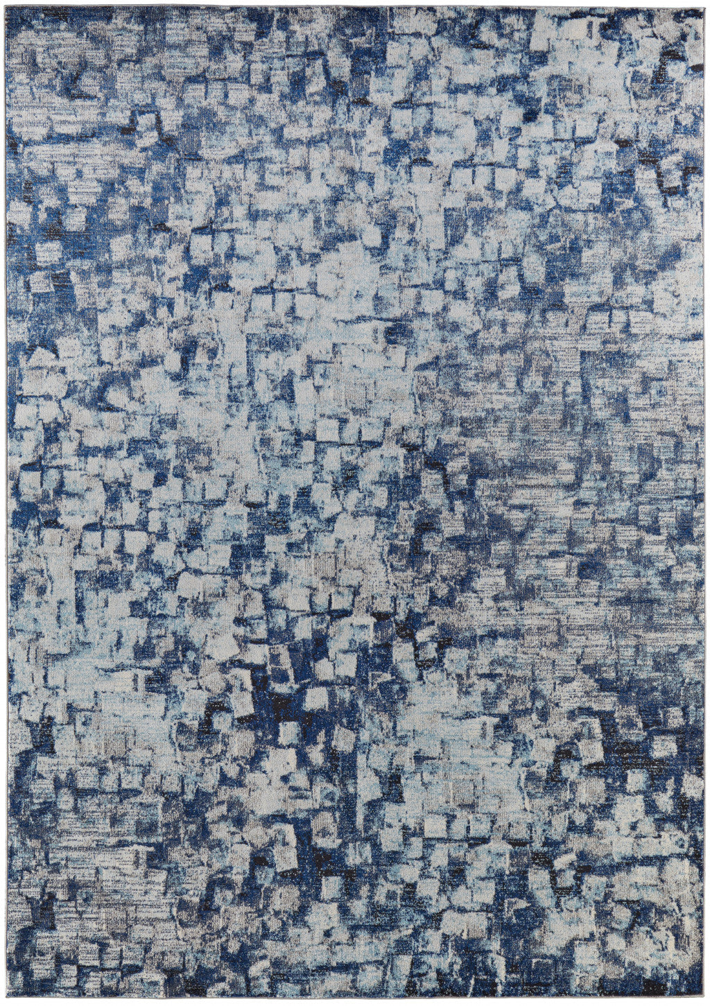 7' X 10' Blue And Ivory Abstract Power Loom Distressed Stain Resistant Area Rug