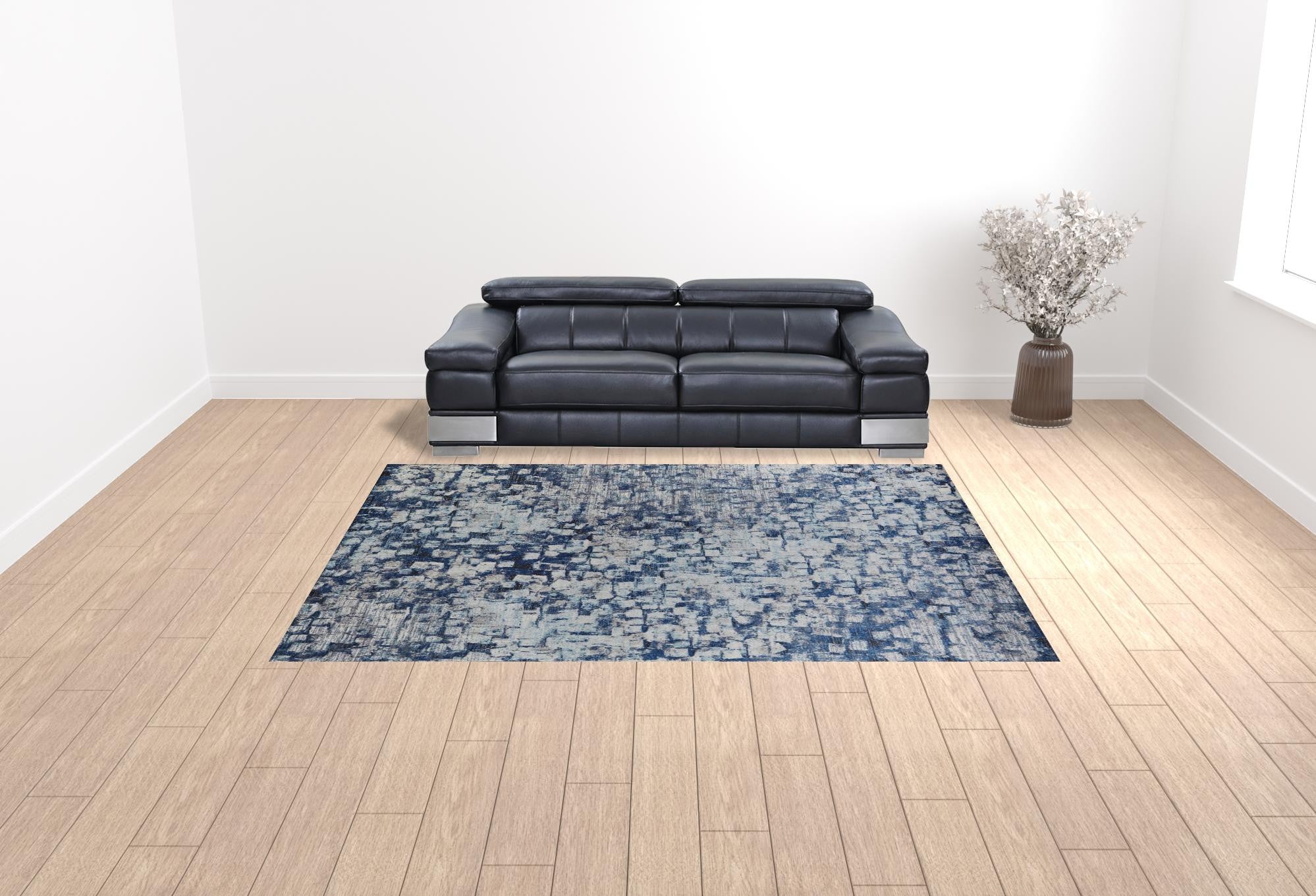 9' X 12' Blue And Ivory Abstract Power Loom Distressed Stain Resistant Area Rug