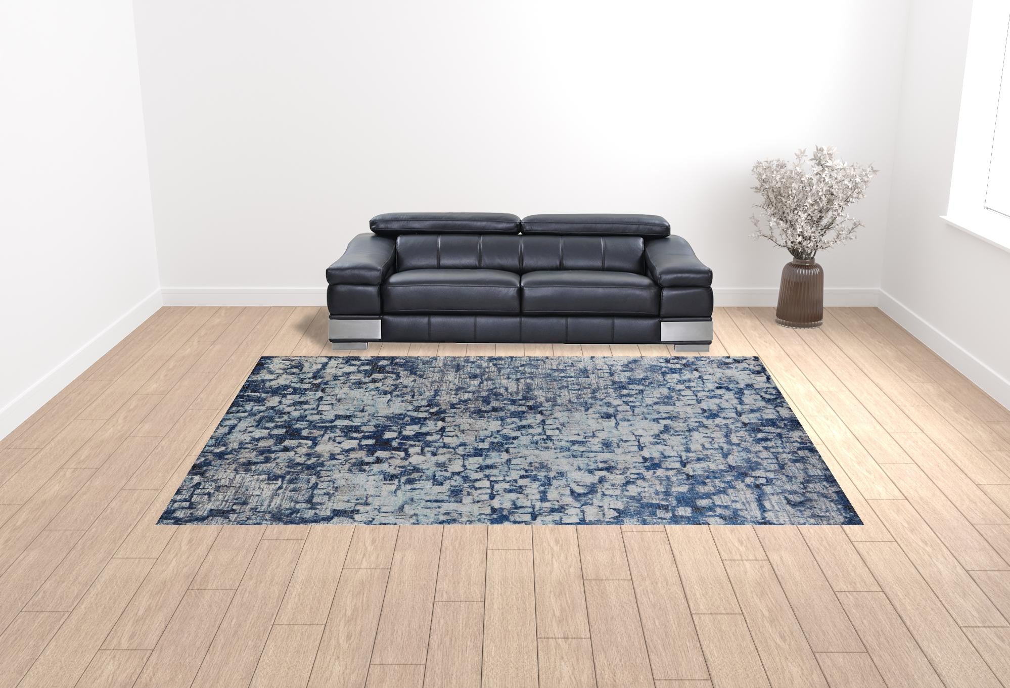 10' X 14' Blue And Ivory Abstract Power Loom Distressed Stain Resistant Area Rug