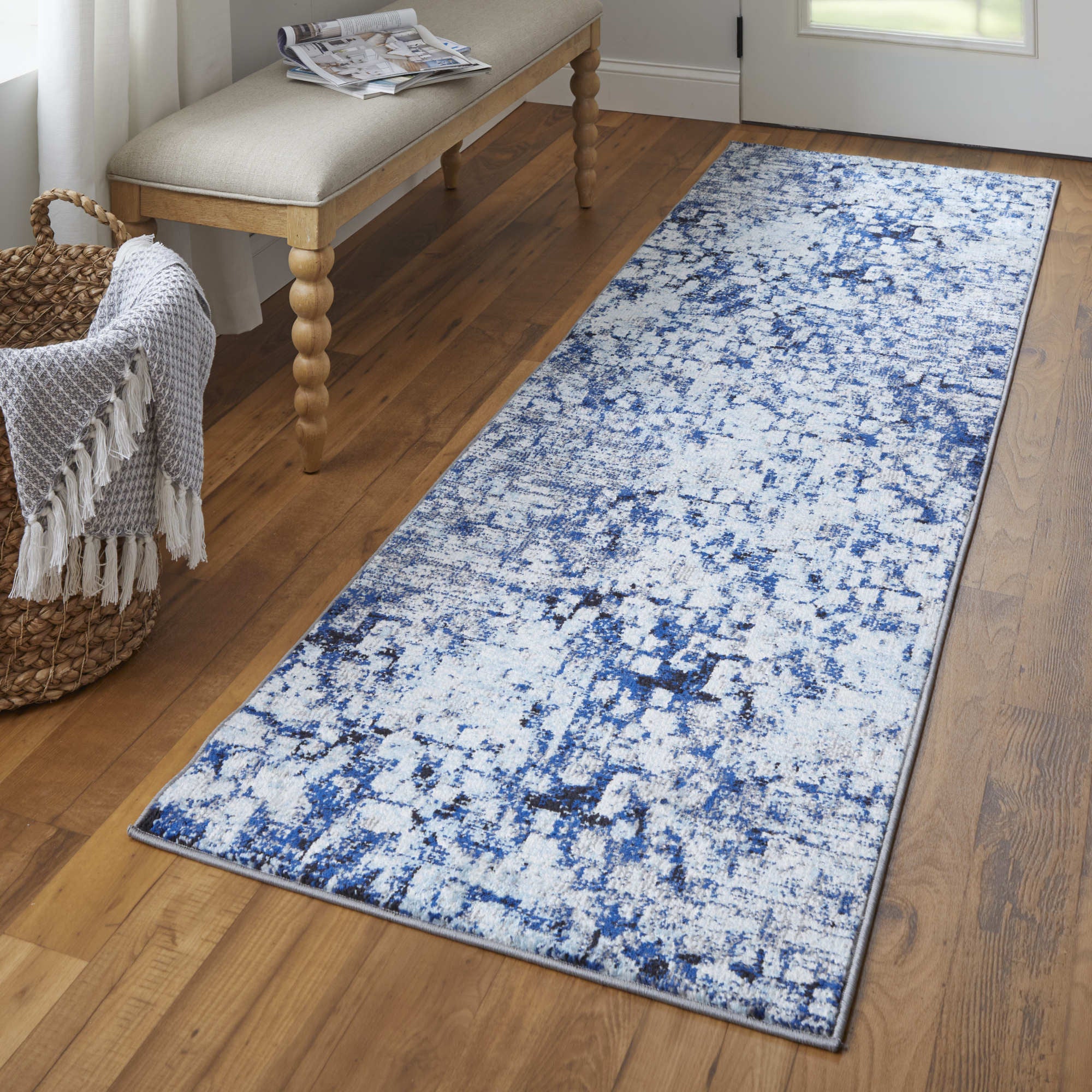 8' Blue and Ivory Abstract Power Loom Distressed Runner Rug