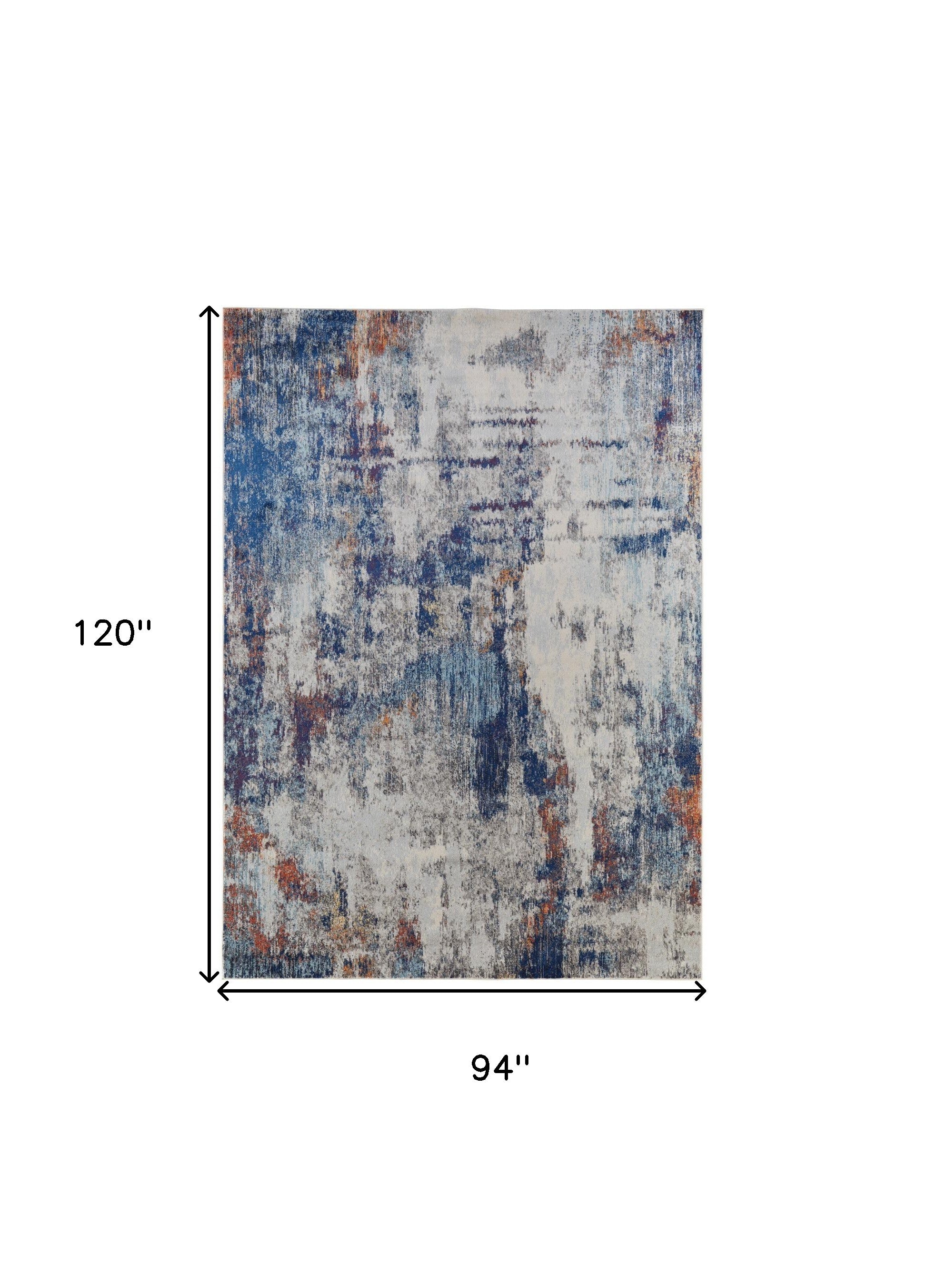 8' X 10' Ivory And Blue Abstract Power Loom Distressed Stain Resistant Area Rug