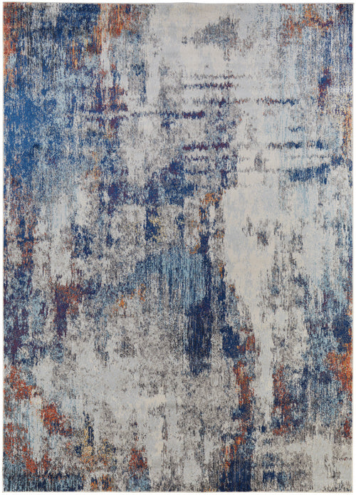 8' X 10' Ivory And Blue Abstract Power Loom Distressed Stain Resistant Area Rug