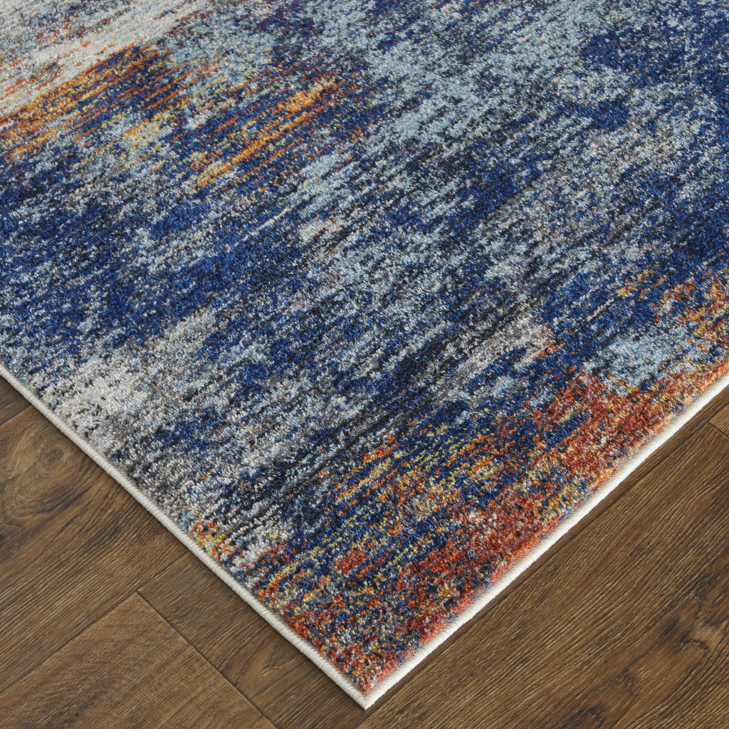 8' X 10' Ivory And Blue Abstract Power Loom Distressed Stain Resistant Area Rug