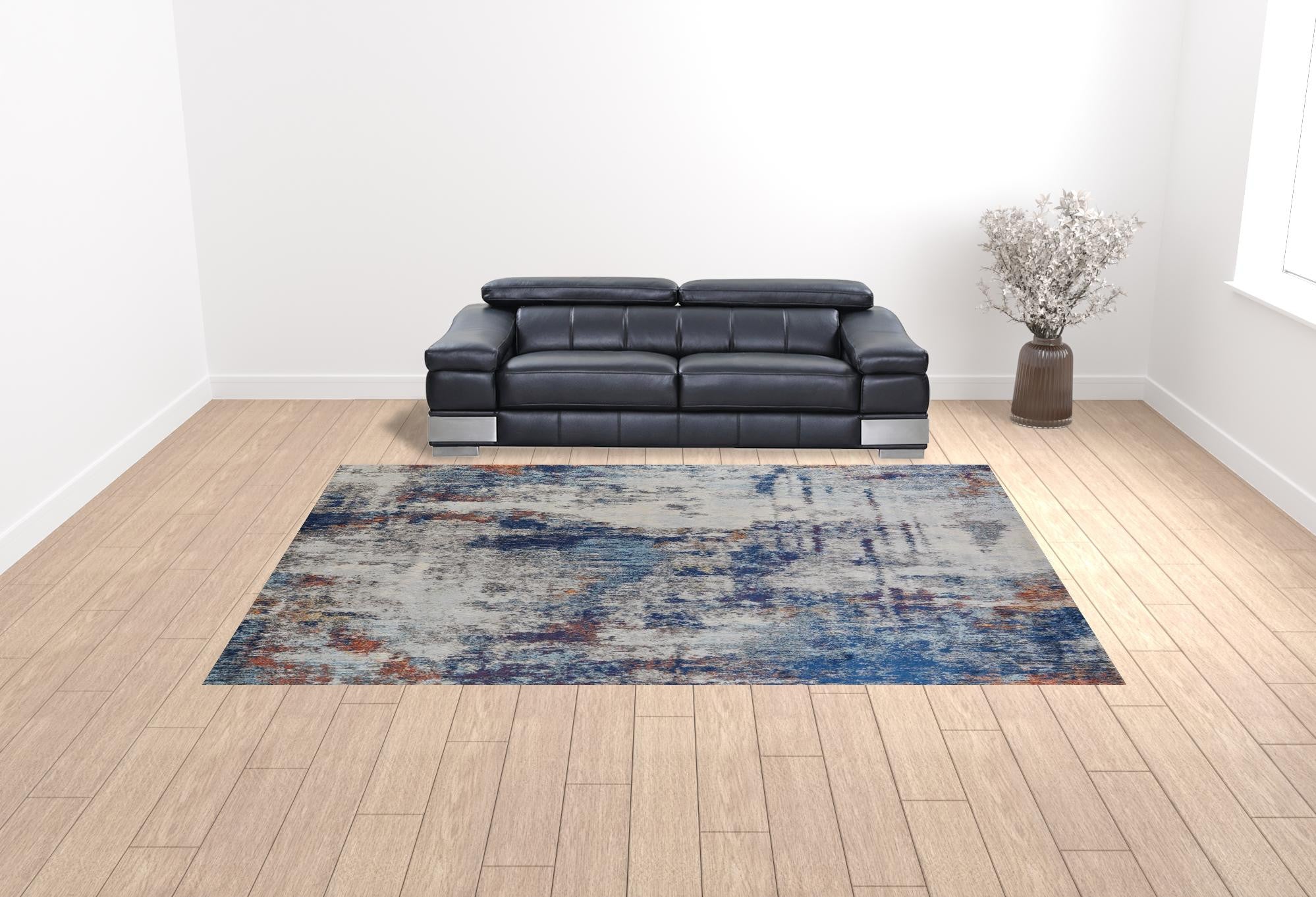 10' X 14' Ivory And Blue Abstract Power Loom Distressed Stain Resistant Area Rug