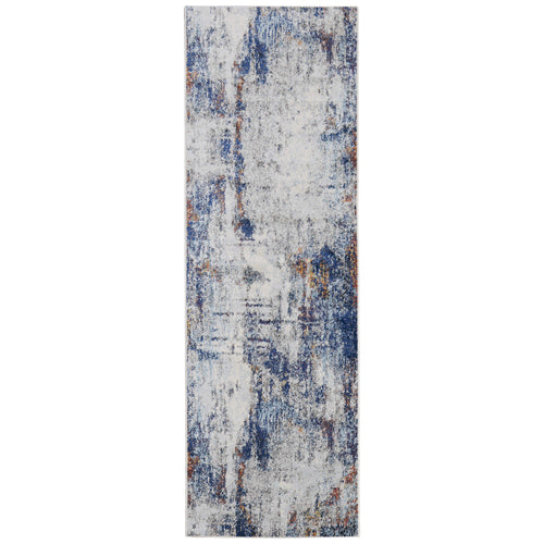 8' Ivory and Blue Abstract Power Loom Distressed Runner Rug