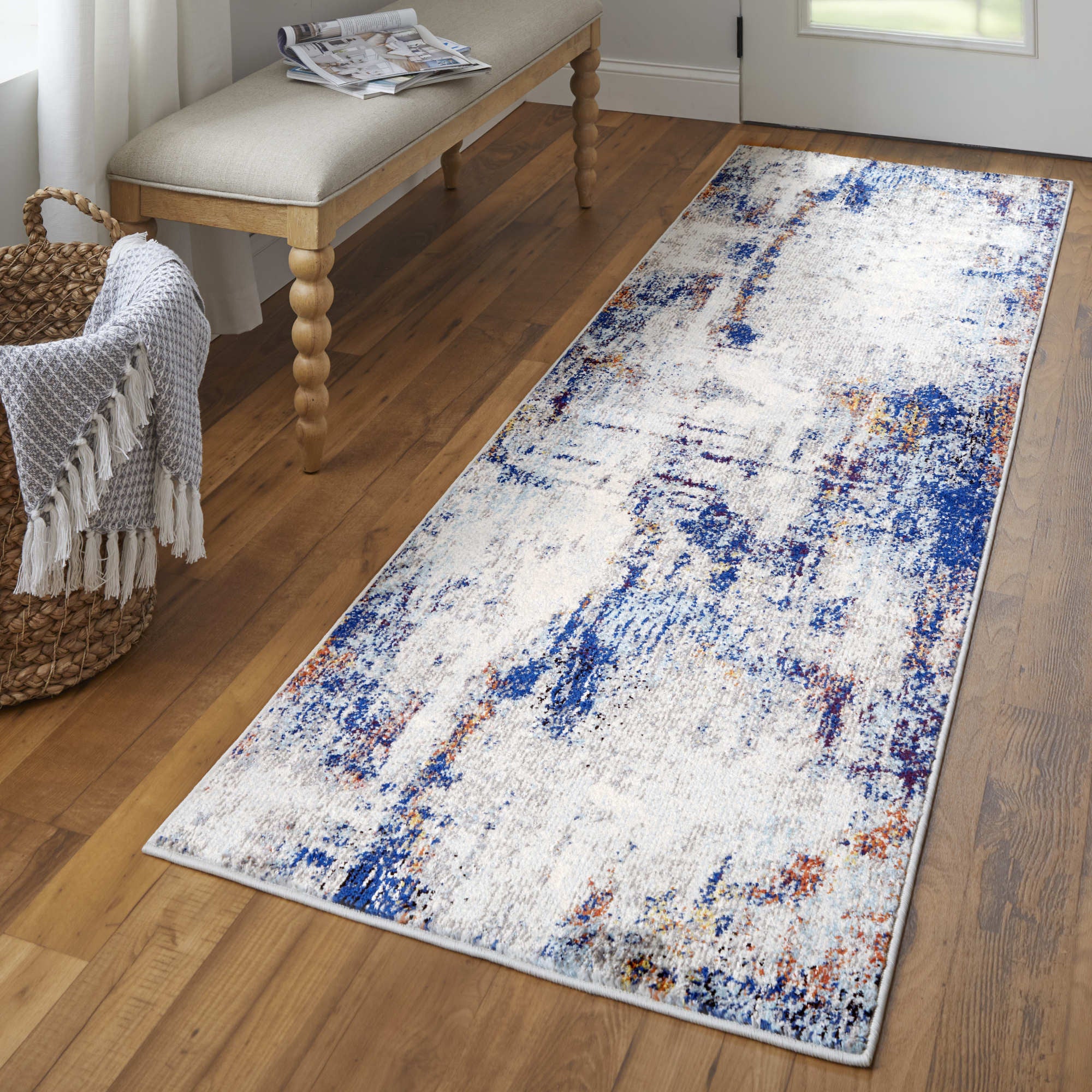 8' Ivory and Blue Abstract Power Loom Distressed Runner Rug