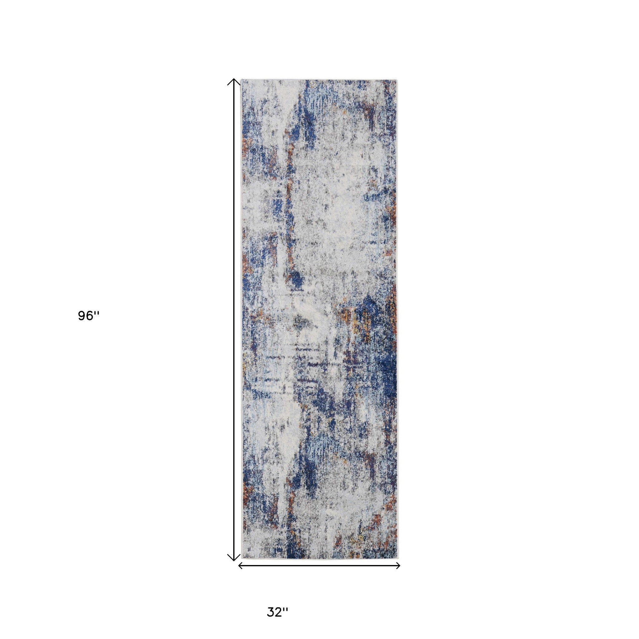 8' Ivory and Blue Abstract Power Loom Distressed Runner Rug