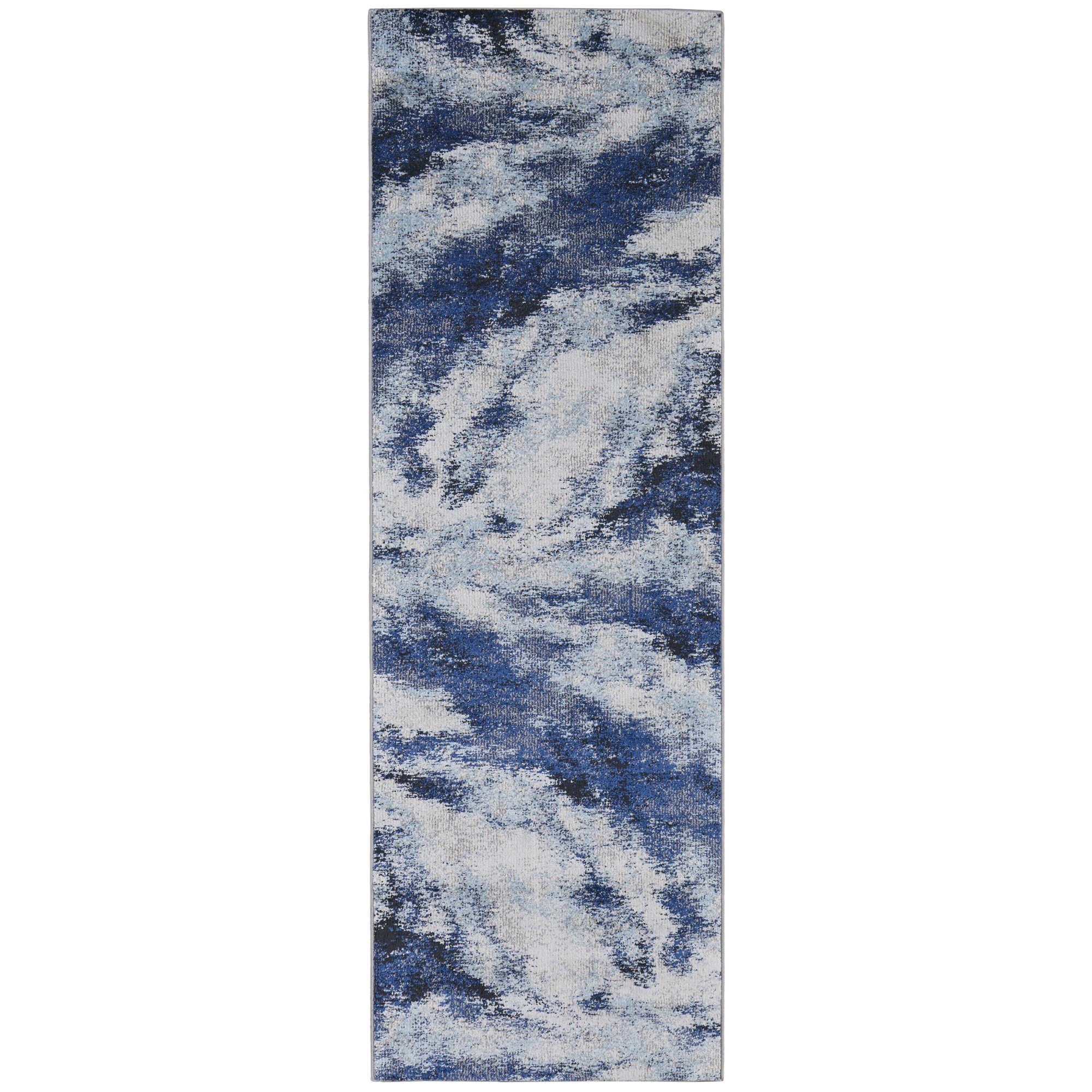 8' Blue and Ivory Abstract Power Loom Runner Rug