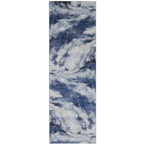 8' Blue and Ivory Abstract Power Loom Runner Rug