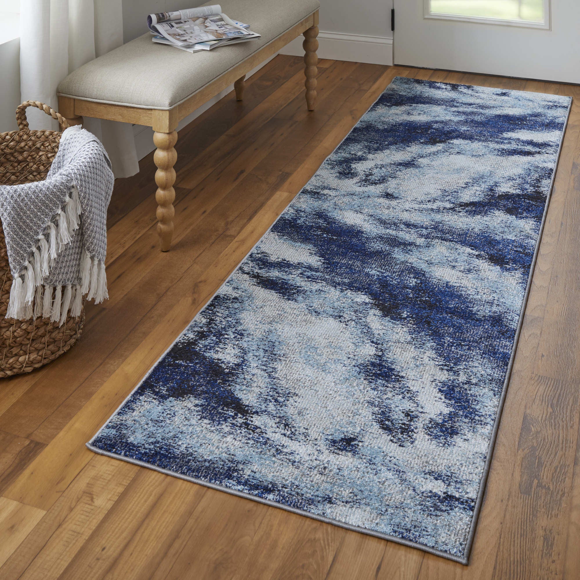 8' Blue and Ivory Abstract Power Loom Runner Rug