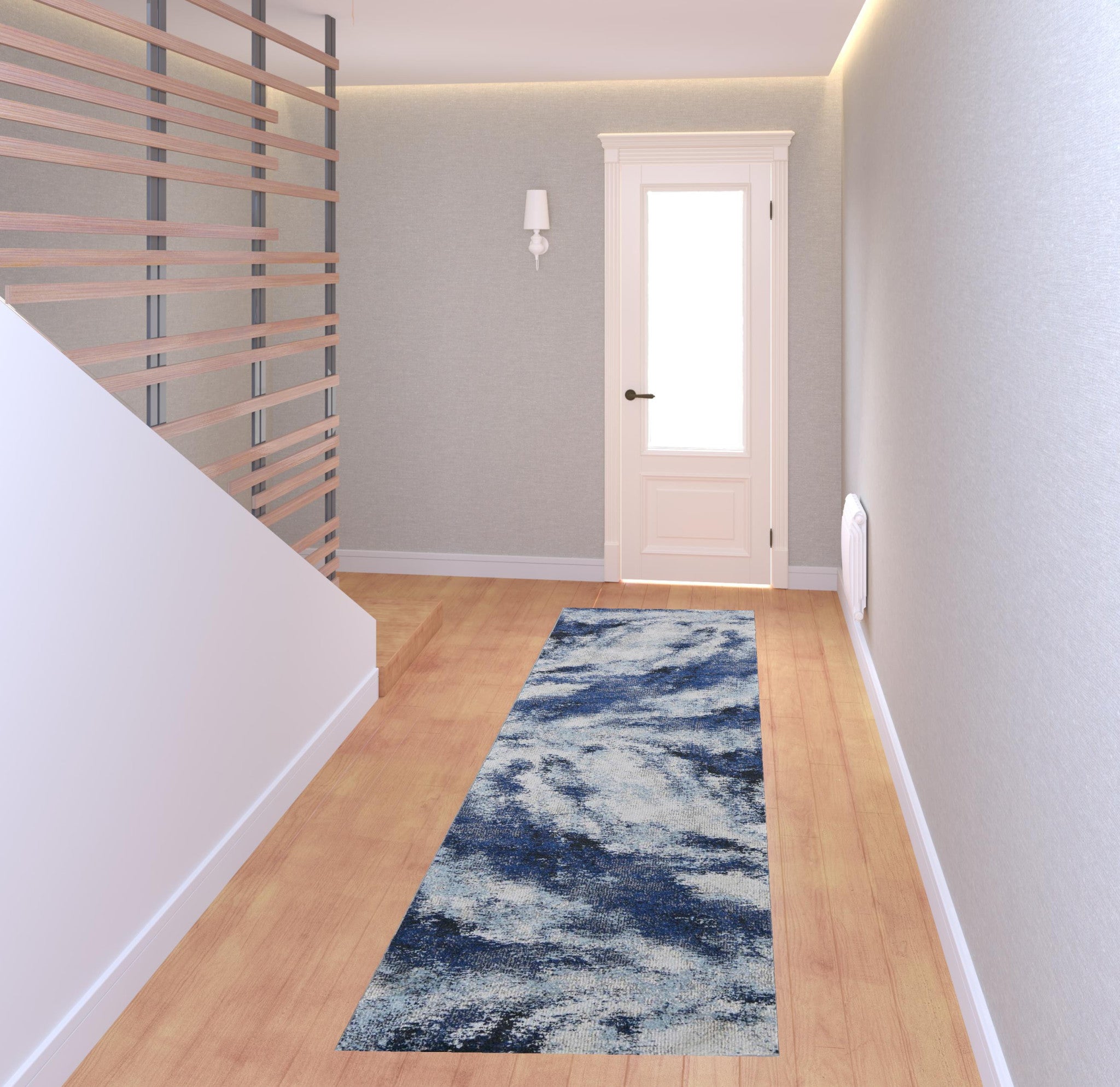 8' Blue and Ivory Abstract Power Loom Runner Rug