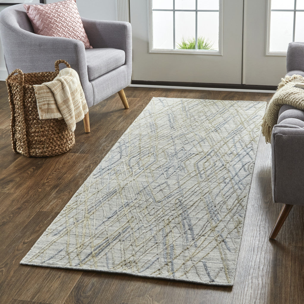 10' Gray And Ivory Abstract Hand Woven Runner Rug