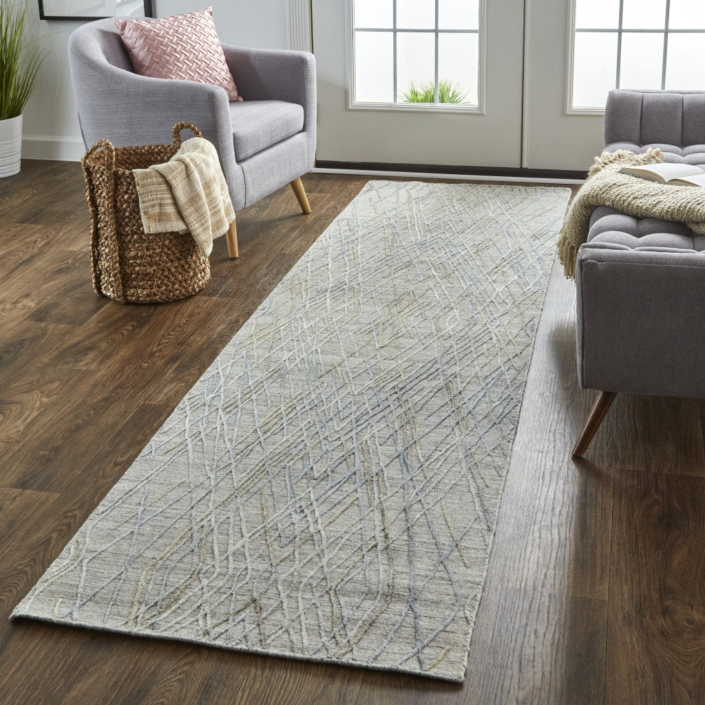 10' Gray And Blue Abstract Hand Woven Runner Rug