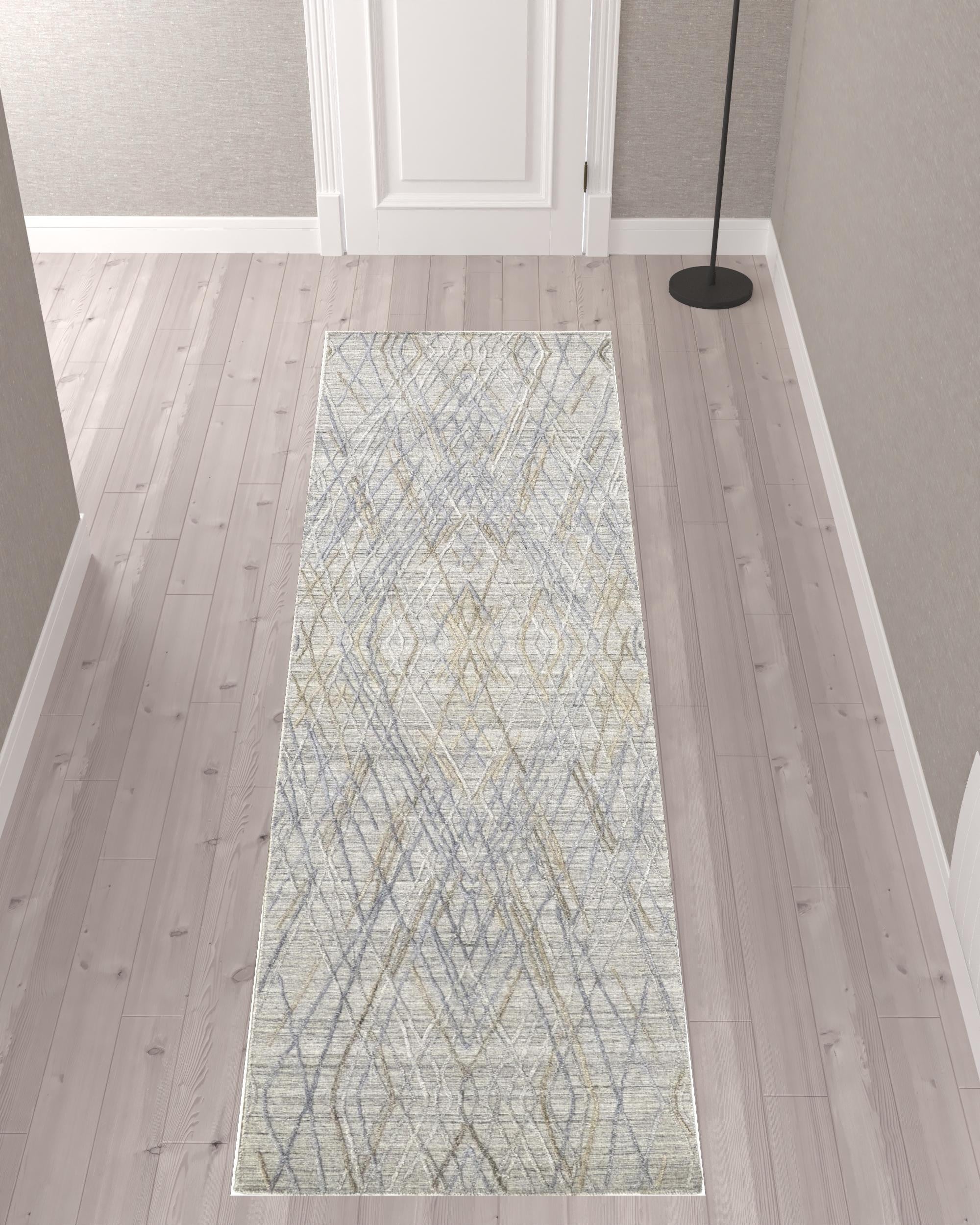 10' Gray And Blue Abstract Hand Woven Runner Rug