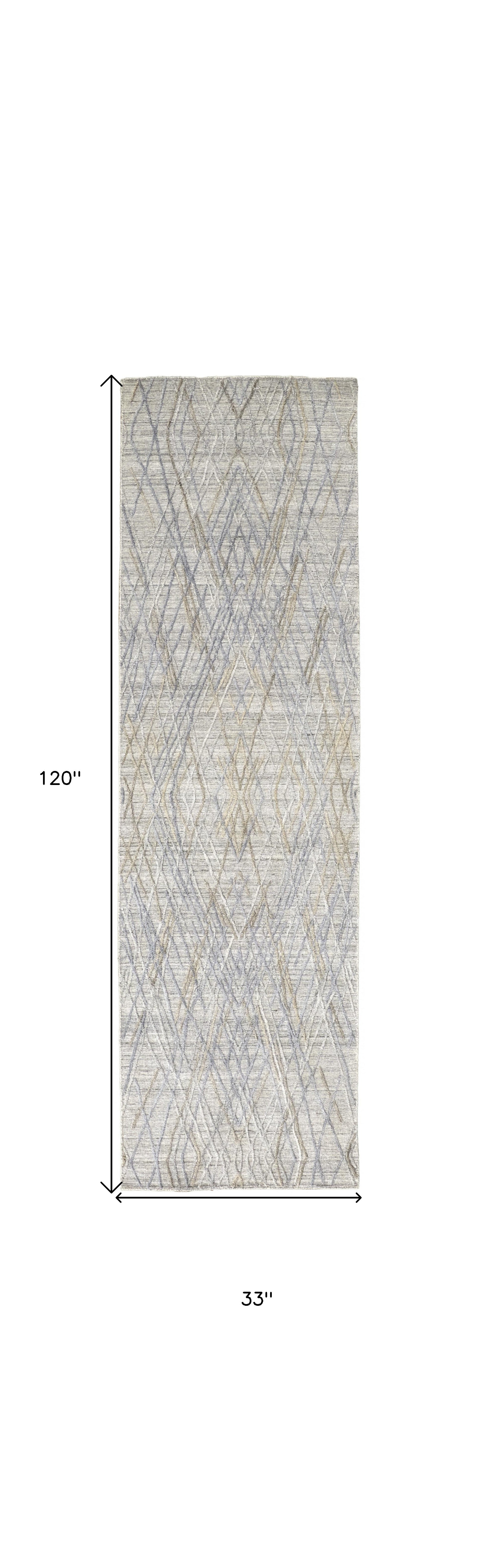 10' Gray And Blue Abstract Hand Woven Runner Rug