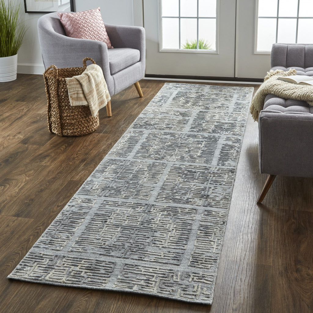 10' Gray And Ivory Abstract Hand Woven Runner Rug