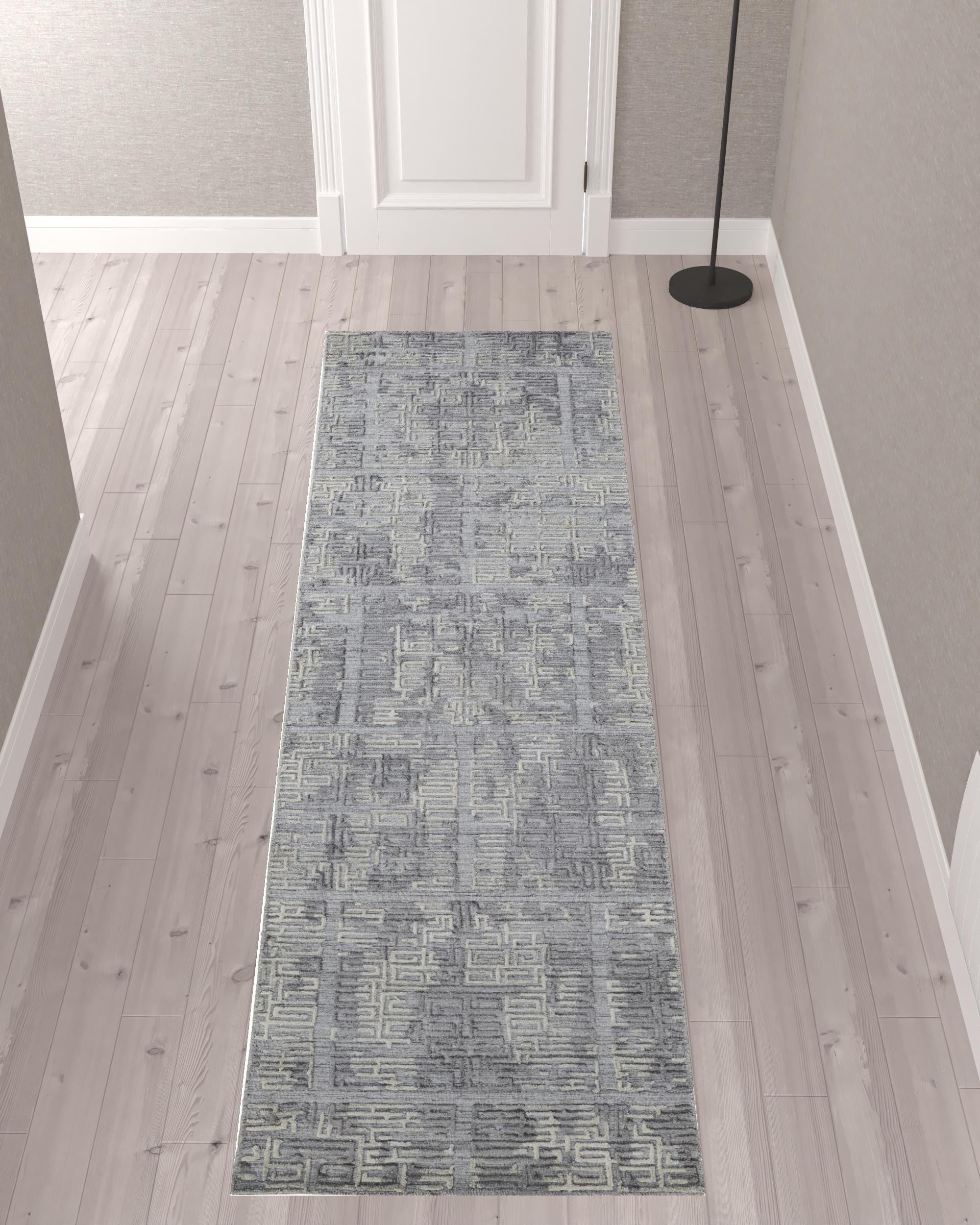 10' Gray And Ivory Abstract Hand Woven Runner Rug