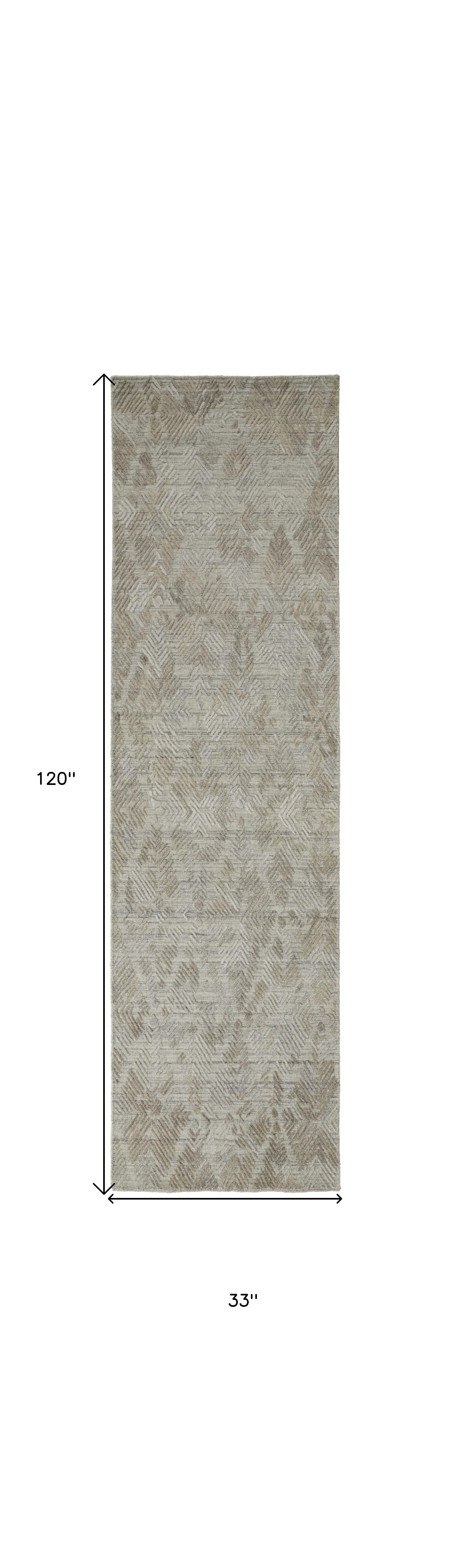 10' Gray And Taupe Abstract Hand Woven Runner Rug