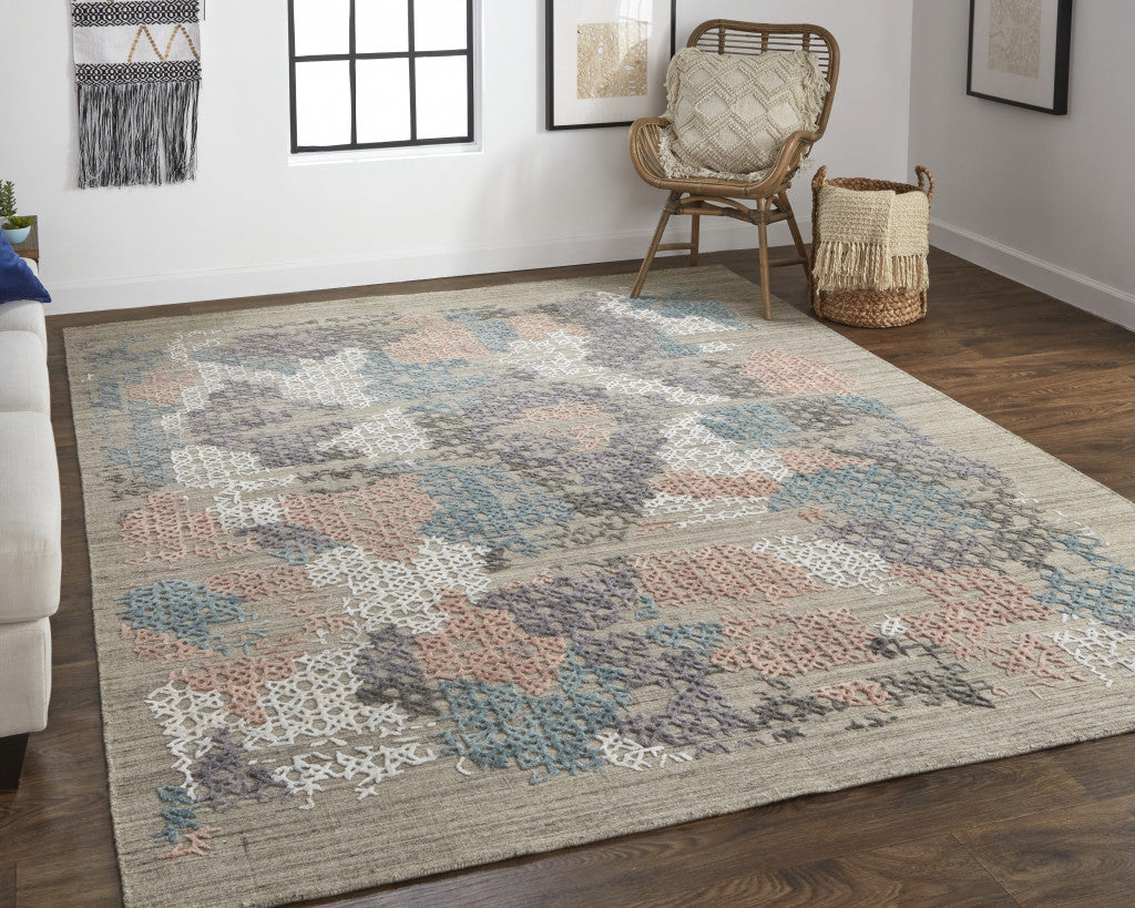 5' X 8' Pink Blue And Taupe Abstract Hand Woven Area Rug