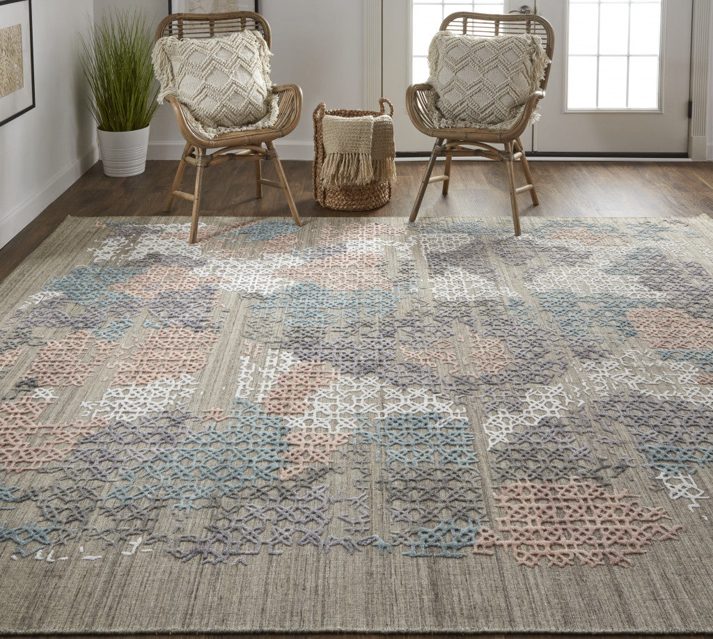 9' X 12' Pink Blue And Taupe Abstract Hand Woven Area Rug