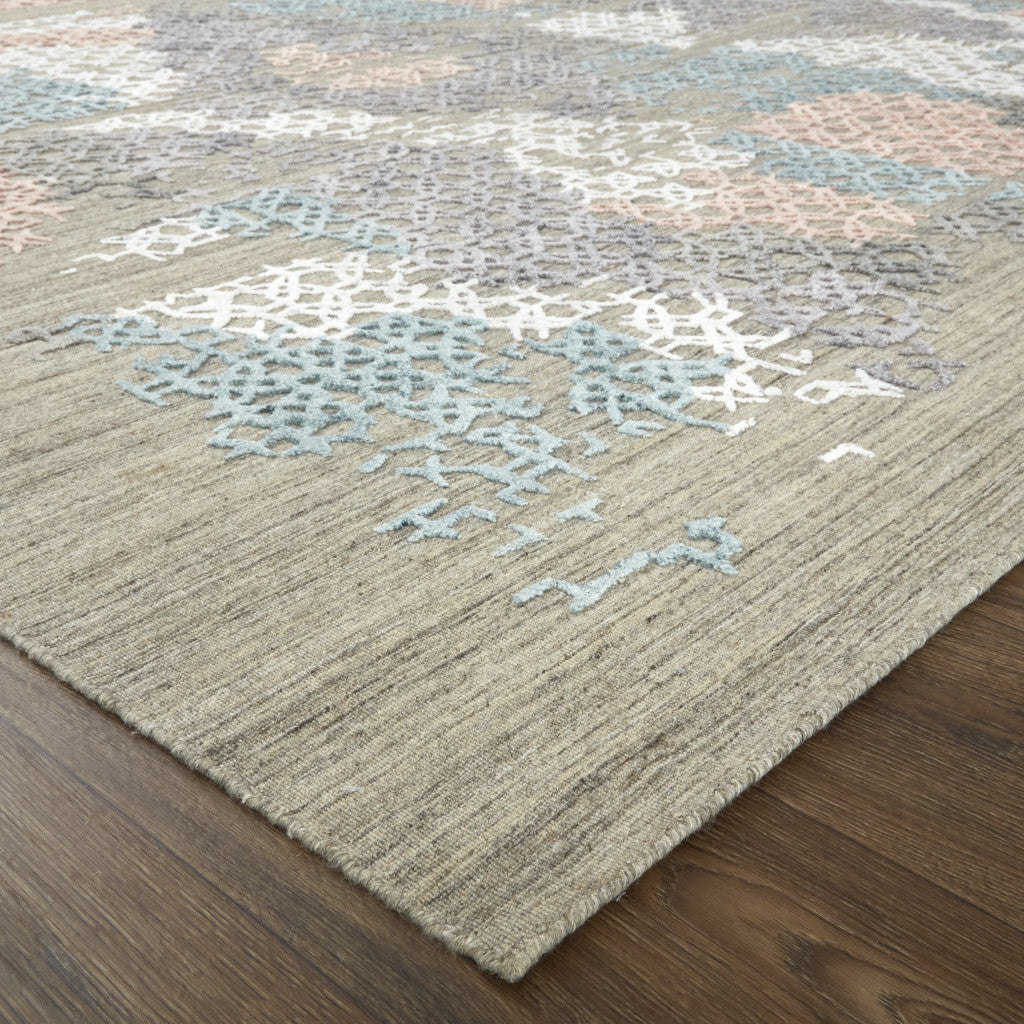 9' X 12' Pink Blue And Taupe Abstract Hand Woven Area Rug