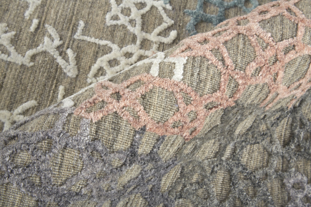 8' Pink Blue And Taupe Abstract Hand Woven Runner Rug