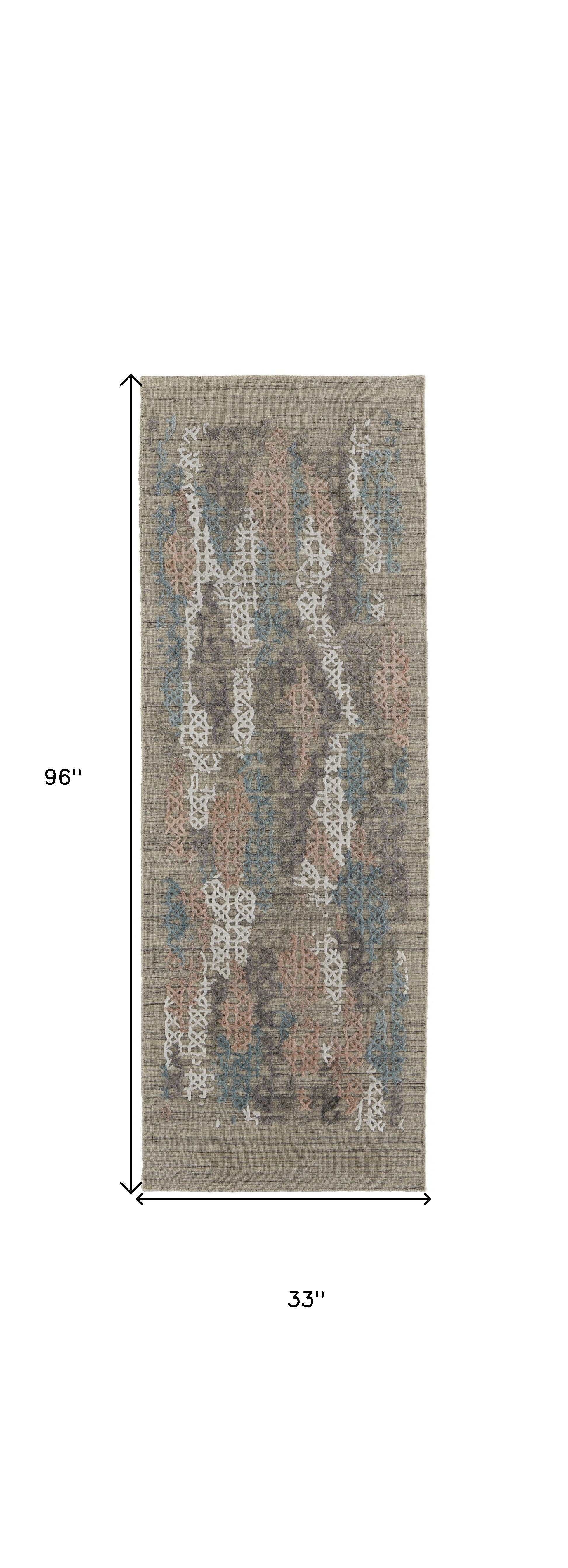 8' Pink Blue And Taupe Abstract Hand Woven Runner Rug