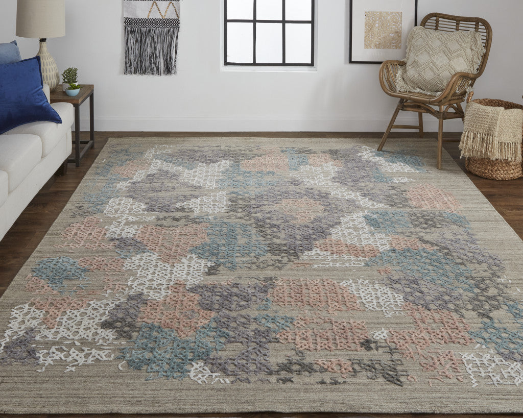 12' X 15' Pink Blue And Taupe Abstract Hand Woven Distressed Area Rug