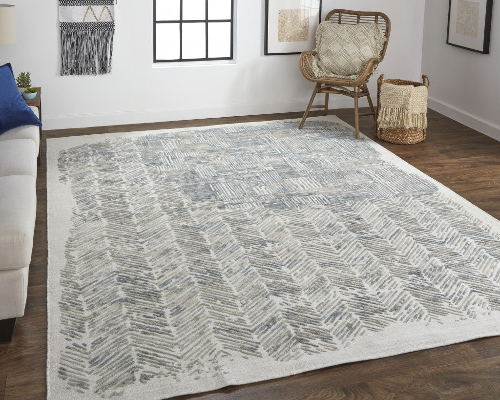 10' X 14' Green Blue And Ivory Abstract Hand Woven Area Rug