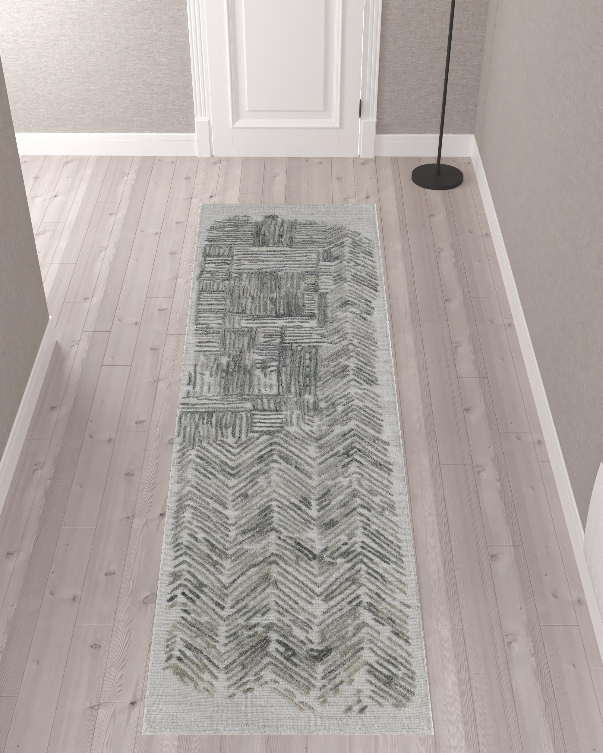 10' Green Blue And Ivory Abstract Hand Woven Runner Rug