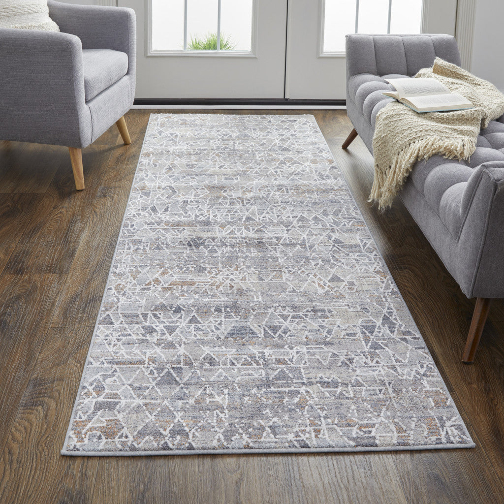 8' Gray Blue And Orange Abstract Power Loom Distressed Stain Resistant Runner Rug