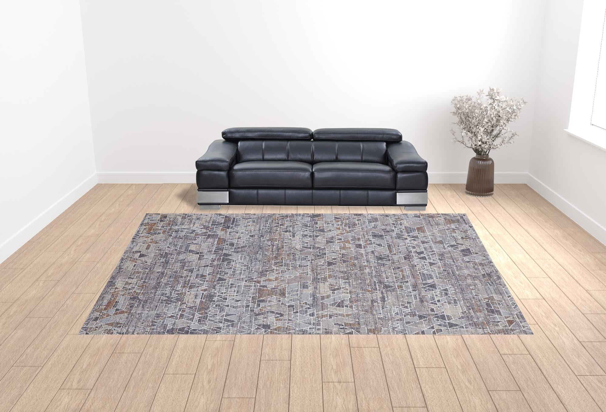 12' X 15' Gray Blue And Orange Abstract Power Loom Distressed Stain Resistant Area Rug