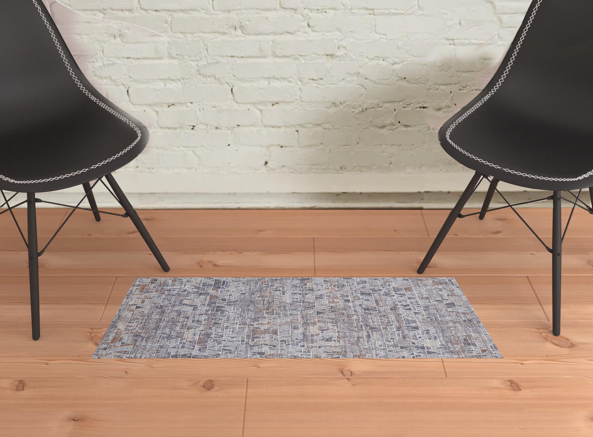 2' X 3' Gray Blue And Orange Abstract Power Loom Distressed Stain Resistant Area Rug