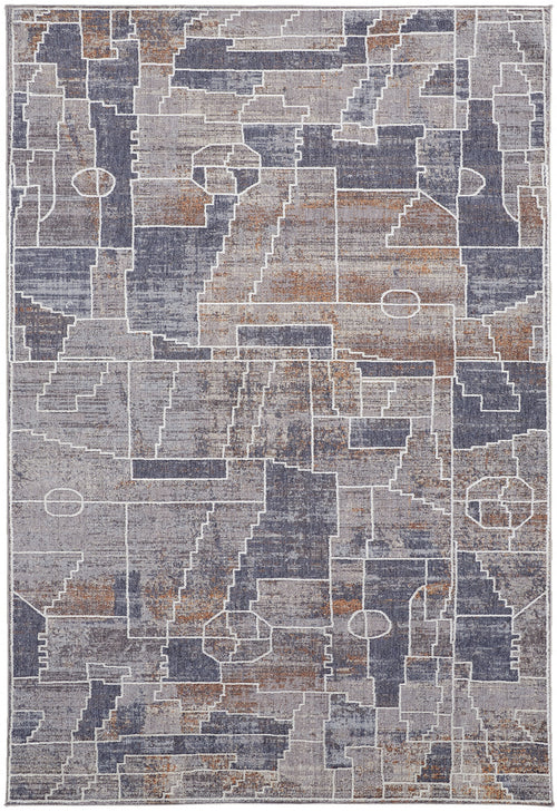 7' X 9' Blue Gray And Orange Geometric Power Loom Stain Resistant Area Rug