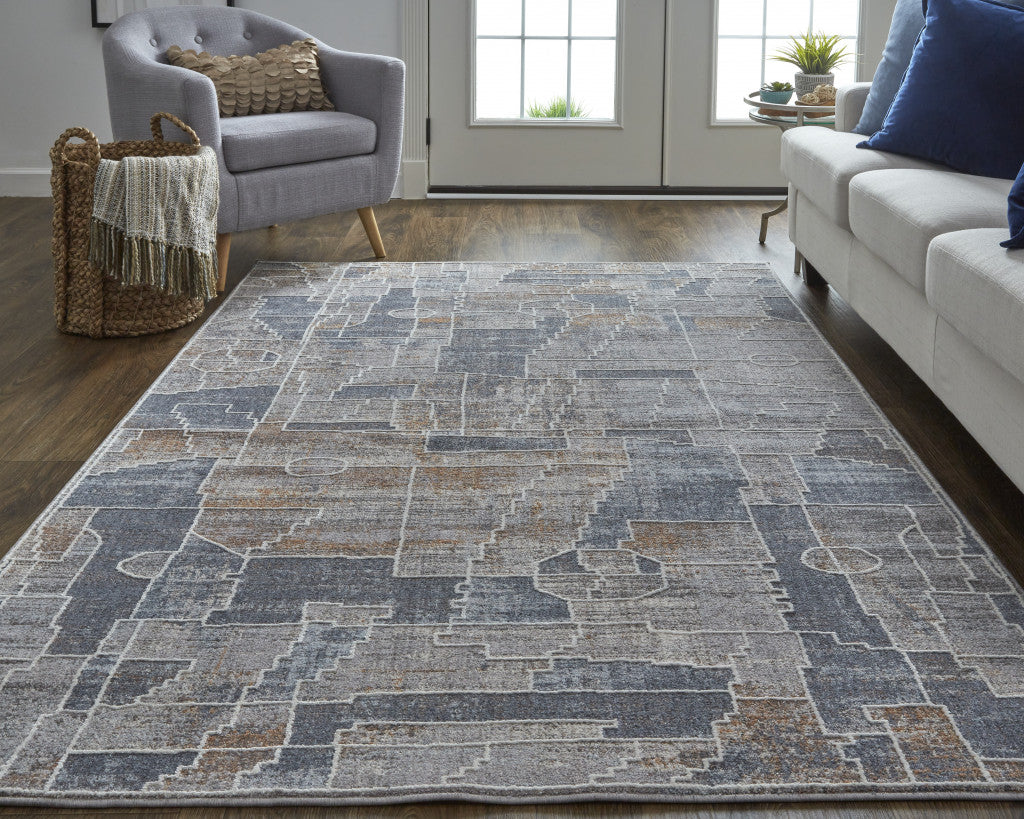 7' X 9' Blue Gray And Orange Geometric Power Loom Stain Resistant Area Rug